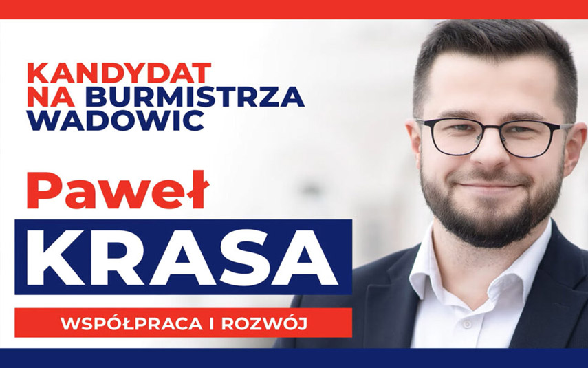 Kandydat na burmistrza Wadowic Paweł Krasa prezentuje kandydatów ze swojego komitetu