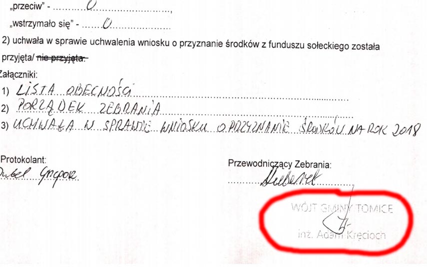 W Zygodowicach pod protokołem podpisał się... nieżyjący od dwóch lat wójt. Co na to władze Tomic?